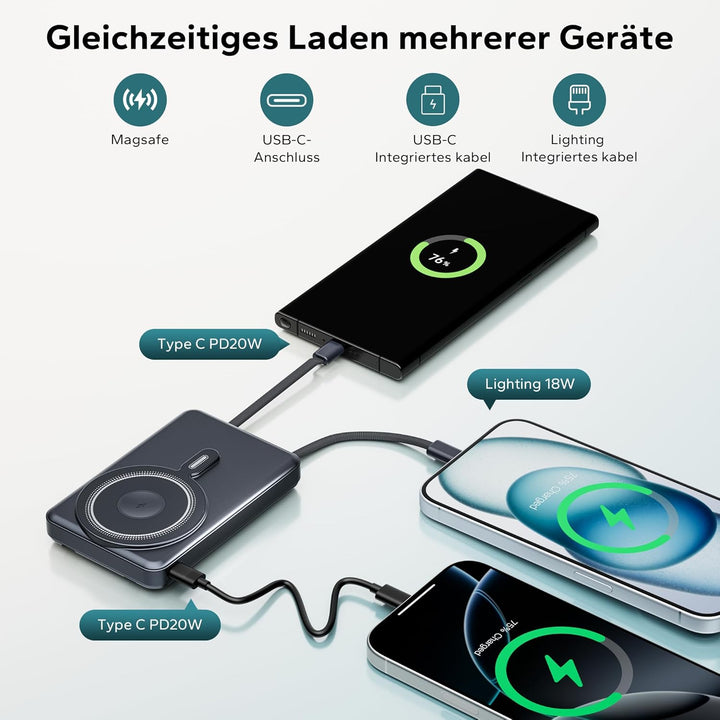 Magsafe Powerbank 10.000mAh, Power Bank iPhone Magsafe mit USB-C Kabel, 20W PD-Schnellladung Wireles