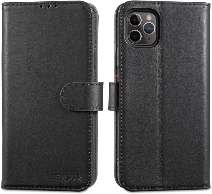LENSUN Echtleder Hülle für iPhone 11 Pro Max, Handyhülle Flip Cover [Echtes Leder][Kartenfach][RFID