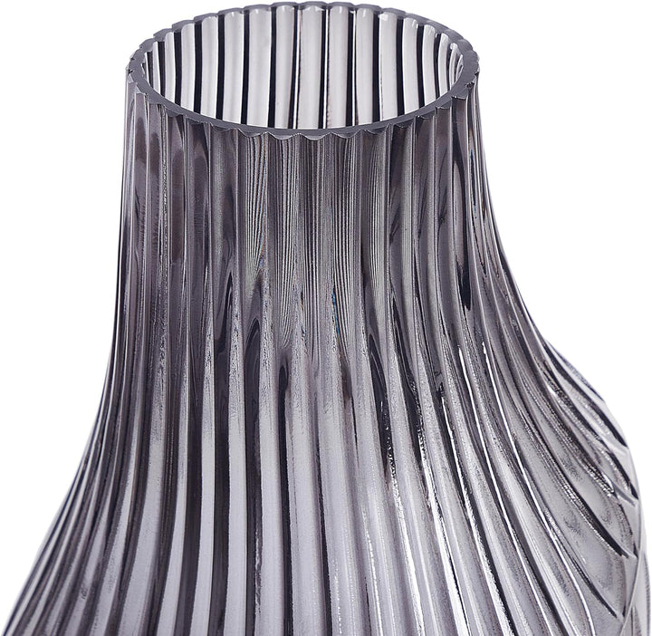 Deko Blumenvase Glas grau 36 cm bauchig Rillen-Struktur breite Öffnung Myrsina