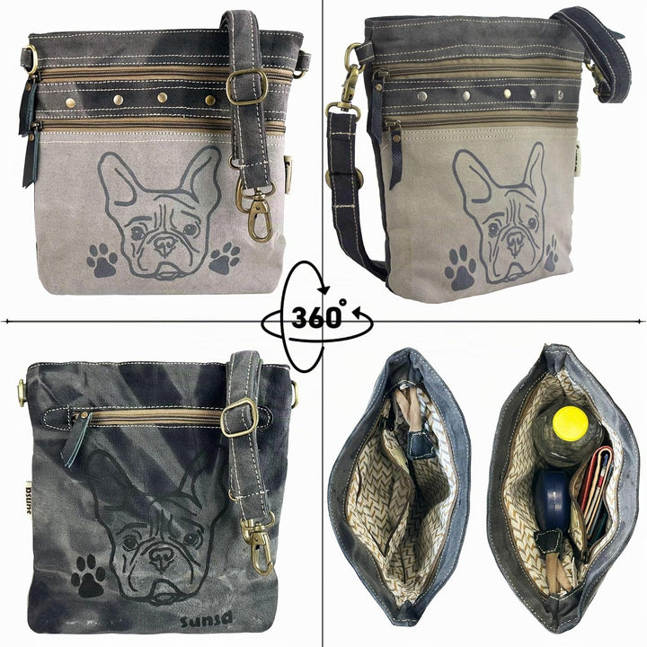 Sunsa Damen graue Umhängetasche. Canvas &amp; Leder Tasche. Kleine Damentaschen in Vintage still. Hunde