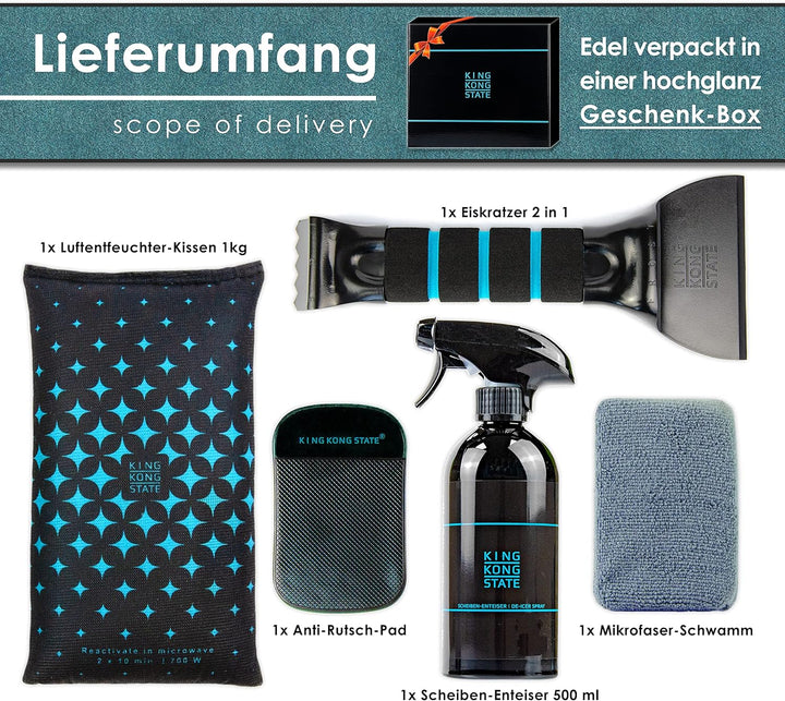 King Kong State Winter-Set für Autos - Geschenk-Set aus Luftentfeuchter-Kissen, Eiskratzer, Scheiben