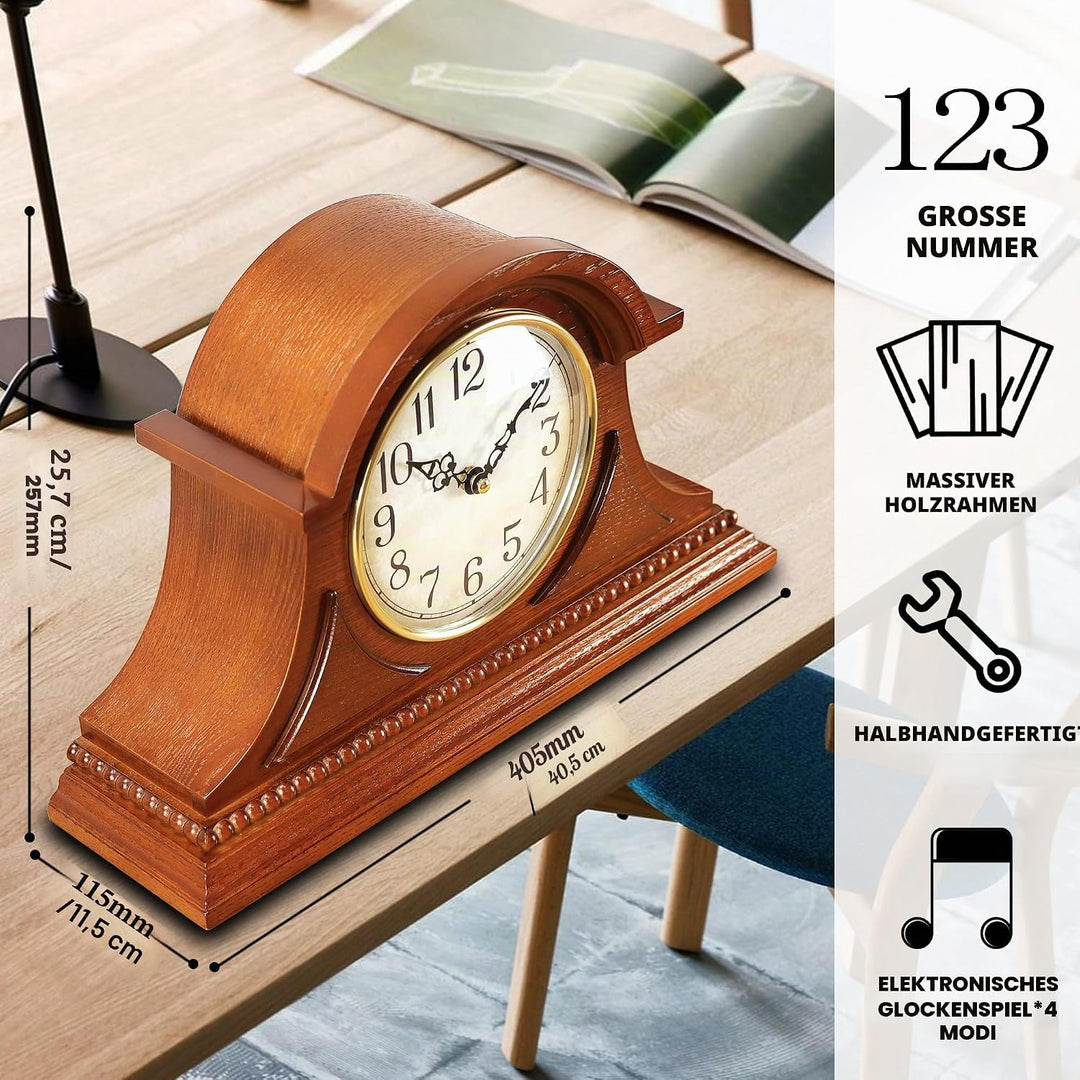 Elegante Kaminuhr im Antik-Stil – Standuhr aus Holz mit Viertelstunden- und Stundenschlag, batterieb
