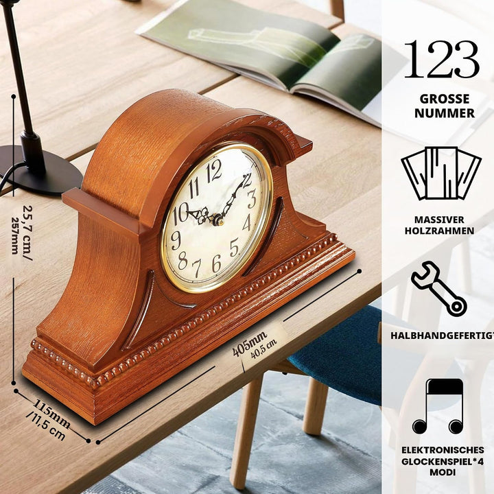 Elegante Kaminuhr im Antik-Stil – Standuhr aus Holz mit Viertelstunden- und Stundenschlag, batterieb