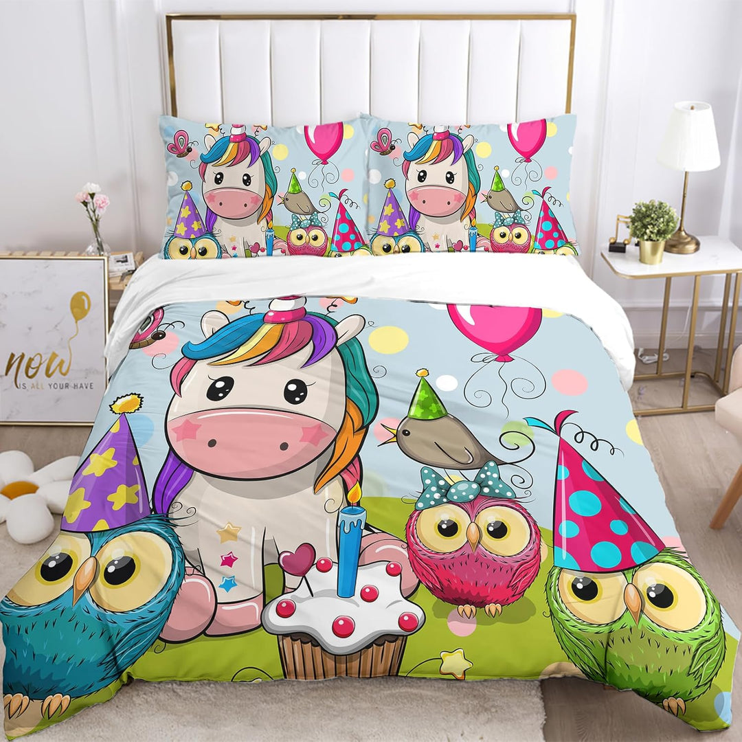 Kinder Einhorn Bettwäsche Mädchen-Bettwäsche Set Rosa 3D Cartoon Einhorn Bunt Blume drucken Bettbezu