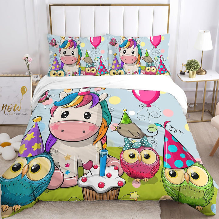 Kinder Einhorn Bettwäsche Mädchen-Bettwäsche Set Rosa 3D Cartoon Einhorn Bunt Blume drucken Bettbezu