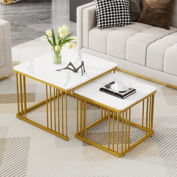 Merax Quadratisch Couchtisch 2er Set, Moderne Wohnzimmertisch mit Marmor Furnier, Hochglanz Satztisc