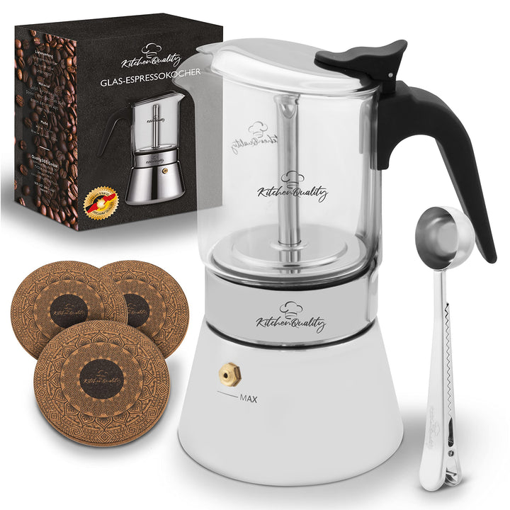 KitchenQuality Espressokocher –Glas + Edelstahl rostfrei –240 ml –für 4 Tassen –18,5x14cm –für Ceran