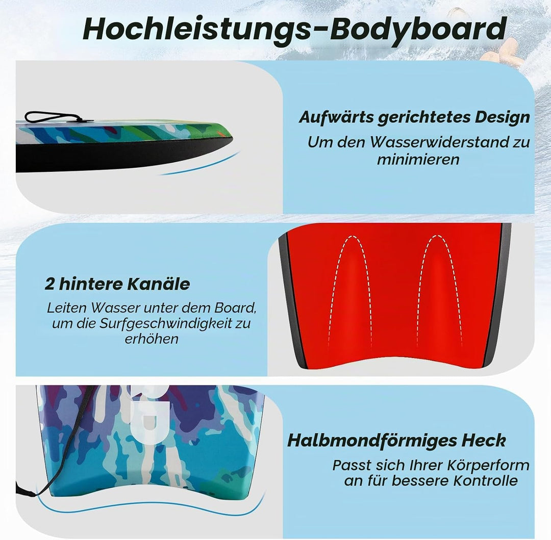 HOMASIS Leichtes Bodyboard, Surfbrett mit EPS-Kern, XPE-Deck, HDPE-Boden &amp; Handgelenk-Leash, Surfboa