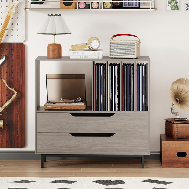 COSTWAY Plattenspielerständer, Mittelalter Plattenspielertisch mit offenem Fach, 4 Vinyl-Fächern & 2