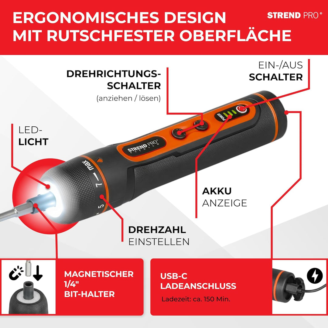 STREND PRO Akkuschrauber klein | Mini Akkuschrauber Set 31-teilig im Koffer | elektrischer Schrauben