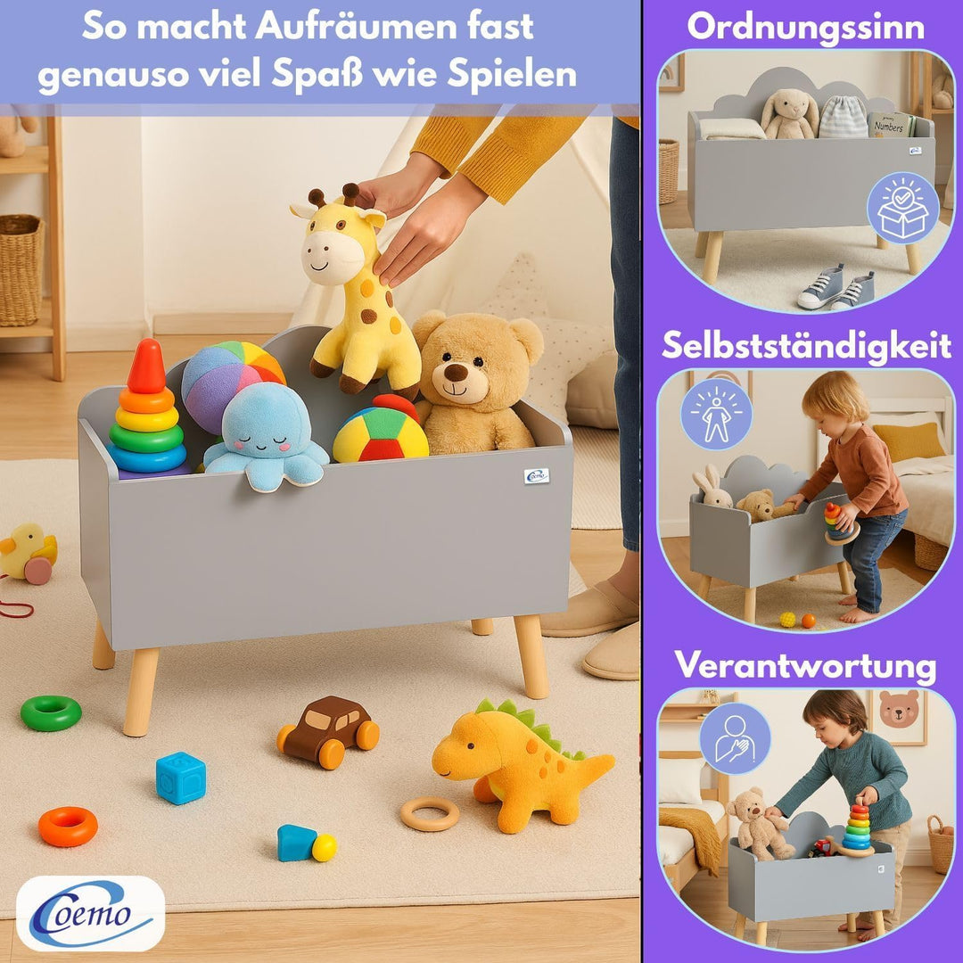 Spielzeugkiste Grau Kinderzimmer Lilo 28x58x44 cm – Aufbewahrungskiste mit Wolkenoptik, robuste MDF-