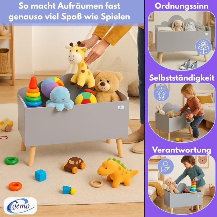 Spielzeugkiste Grau Kinderzimmer Lilo 28x58x44 cm – Aufbewahrungskiste mit Wolkenoptik, robuste MDF-