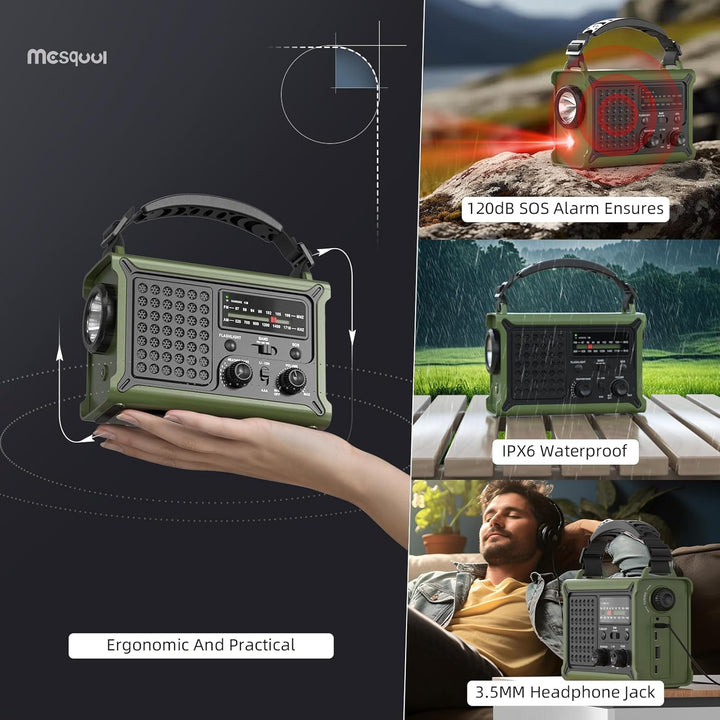Mesqool Kurbelradio, Solar Notfallradio mit AM/FM Empfang, 12000mAh Wiederaufladbare Powerbank, IPX6