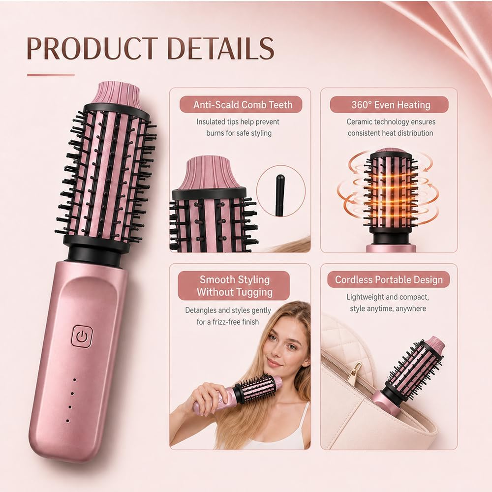 Warmluftbürste Kabellos, 38mm Thermal Brush mit 4 Temperaturen, Roségold | Hot Brush, Rundbürste Ele