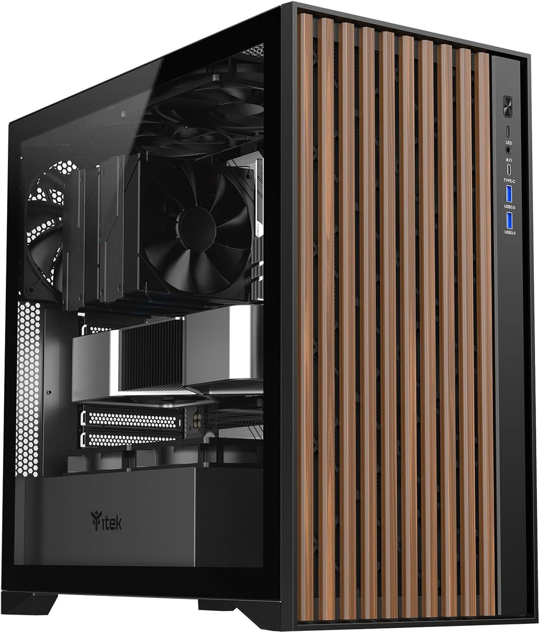 Itek Case Woody - Gaming Tower, ATX, 3x14cm Black Fan, 2xUSB3, Type-C, Wood Front, Temp Glass Side P
