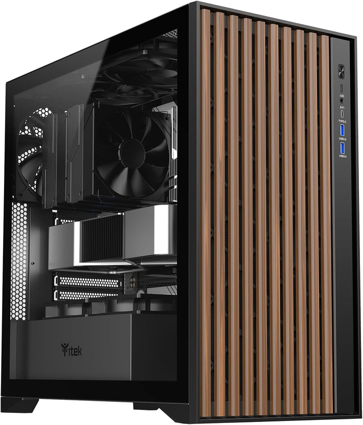 Itek Case Woody - Gaming Tower, ATX, 3x14cm Black Fan, 2xUSB3, Type-C, Wood Front, Temp Glass Side P