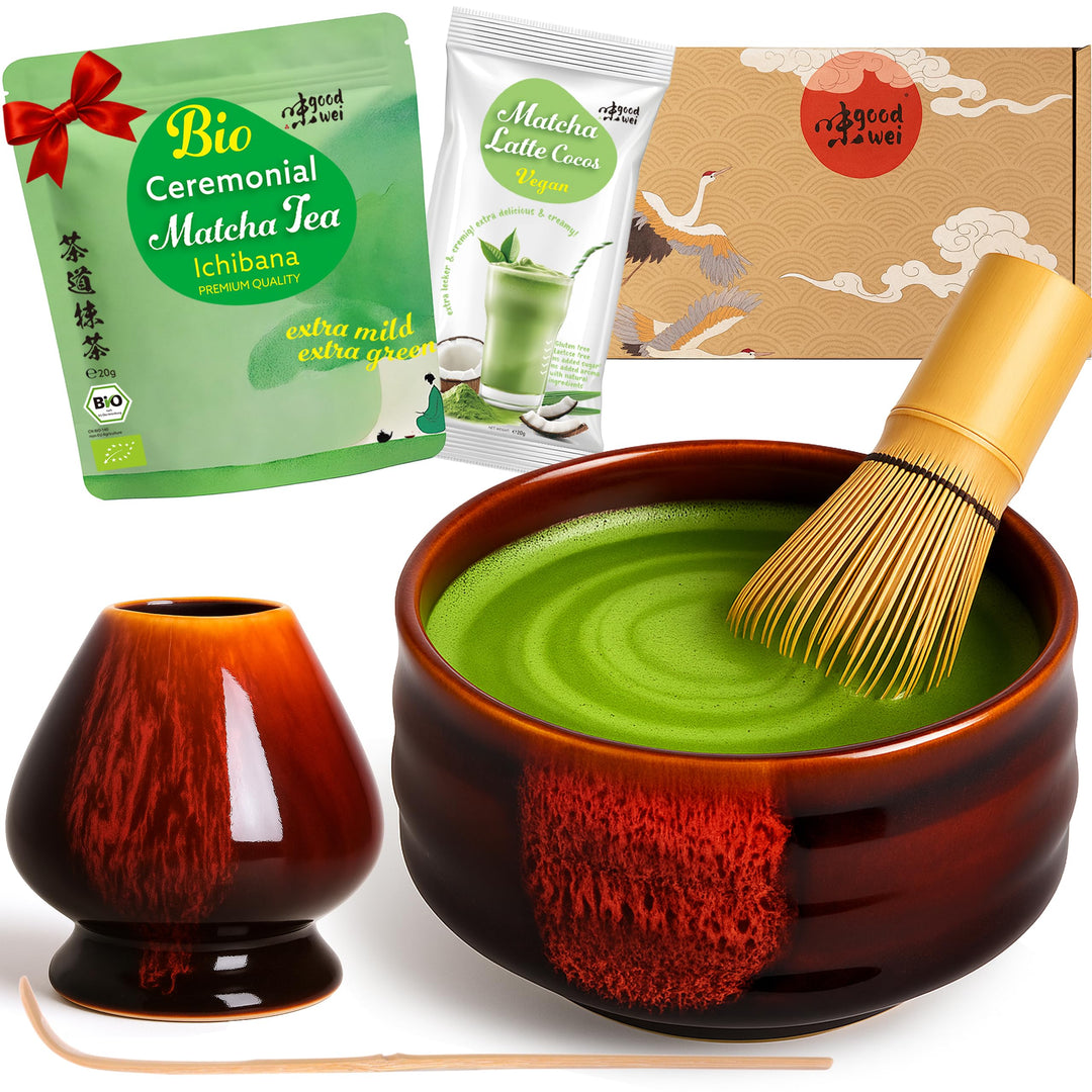 Teezeremonie-Set mit hochwertiger Matcha-Schale und echtem Bio Matcha aus Japan (Akai), Akai