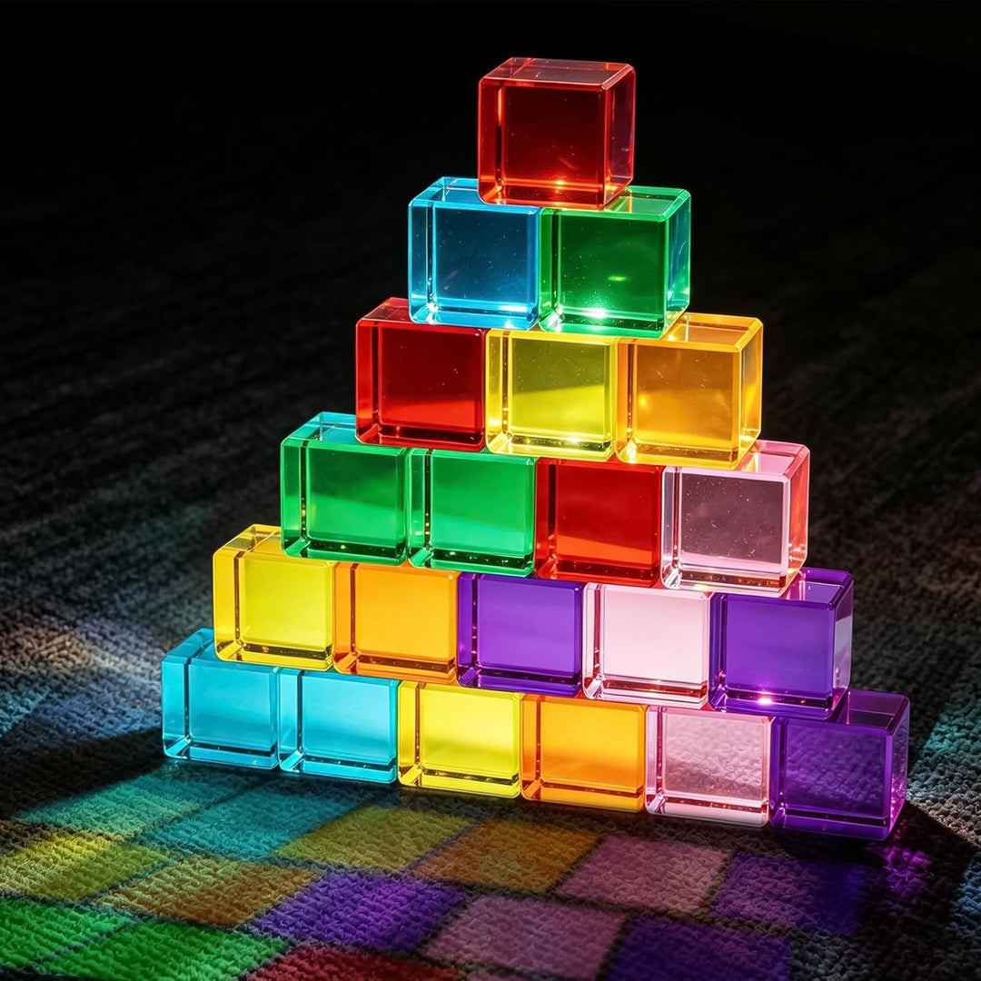 21pcs Acryl Bausteine Kinder, Würfel Sensorik Bausteine Jelly Blocks, Lichtbausteine, Montessori Reg