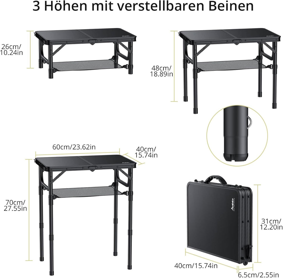 Anbte Campingtisch Klappbar aus Aluminium 3 Höhenverstellbar Koffertisch mit Aufbewahrungsnetz Tragb