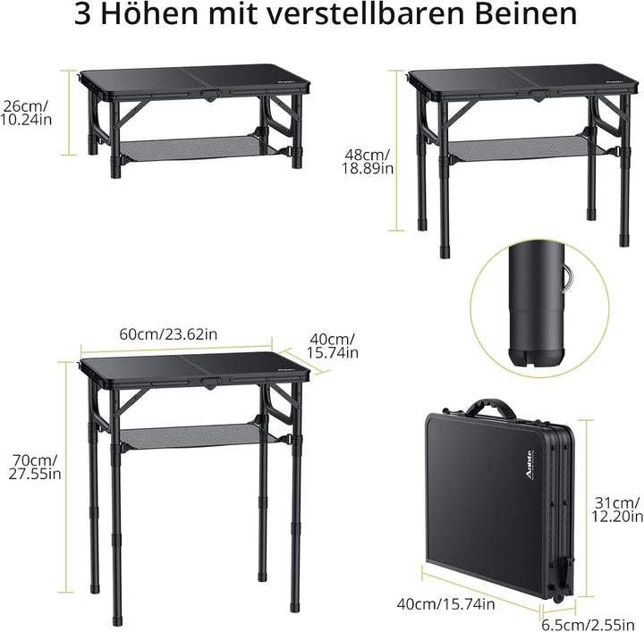 Anbte Campingtisch Klappbar aus Aluminium 3 Höhenverstellbar Koffertisch mit Aufbewahrungsnetz Tragb