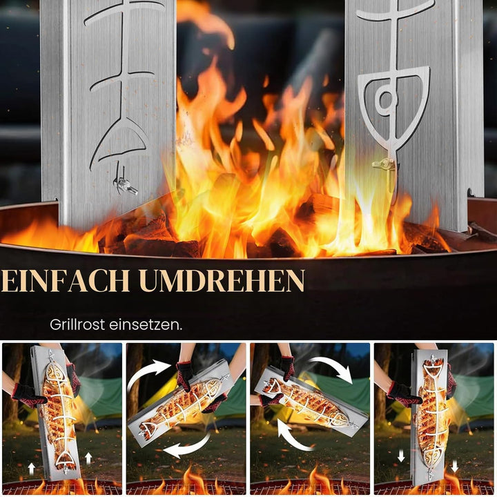 2er-Set Flammlachsbrett Edelstahl – 59×16 & 52×11,5 cm – verstellbare BBQ Halterung für Fisch & Flei