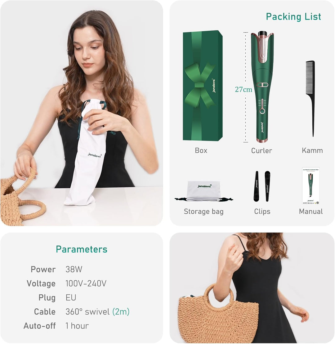 Lockenstab Automatisch, Janelove Automatischer Lockenstab Grosse Locken für Lange Haare, Negativ-Ion
