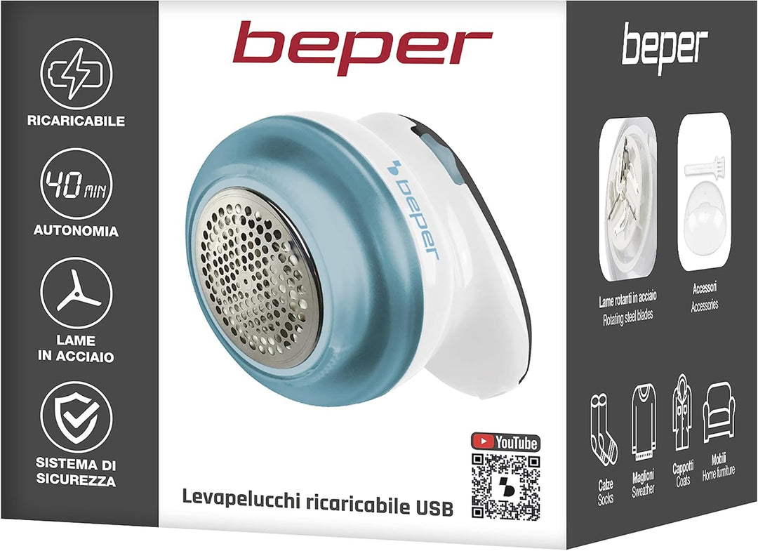 BEPER 50.245 USB-Akku-Fusselentferner mit Stahlklingen, Entfernt Fusseln und Knoten, Weiss/Blau Wied