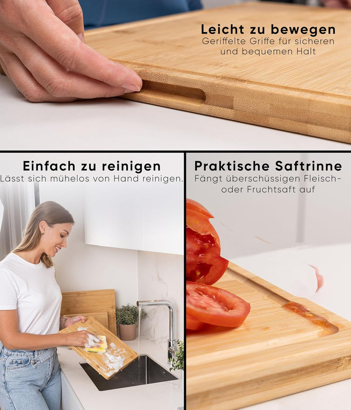 Deco haus Schneidebrett Holz 3er Set aus Robustem Bambus [2cm DICKE] - Schneidebretter mit Saftrille
