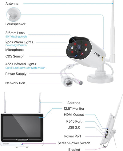 ZOSI 3MP Aussen WLAN Überwachungskamera Set mit Monitor, 6X 3MP WiFi Kamera mit 12.5 Zoll NVR Bildsc