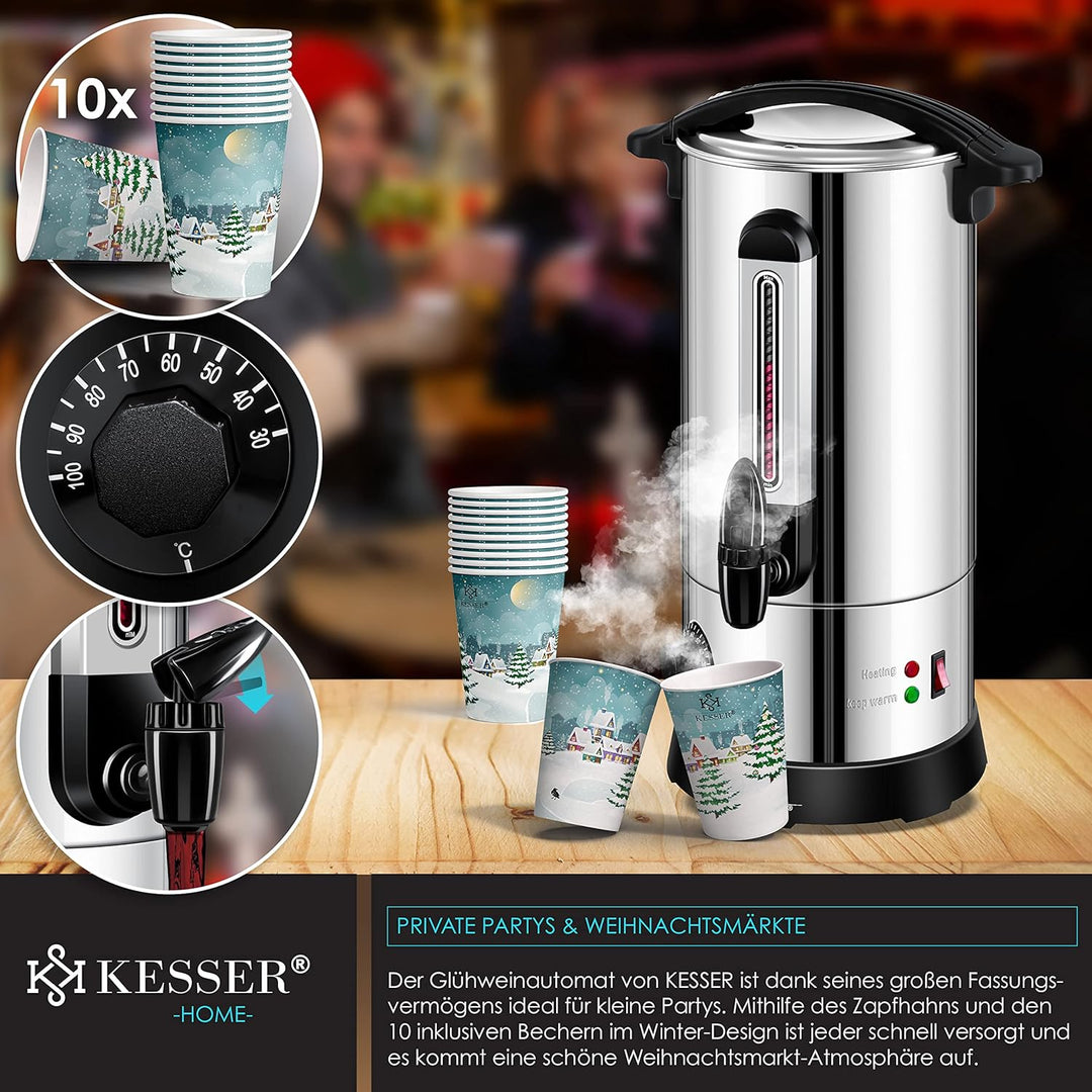 KESSER® Glühweinkessel 10L Edelstahl Inkl. 10x Becher Glühweinkocher mit Thermostat Glühweinautomat