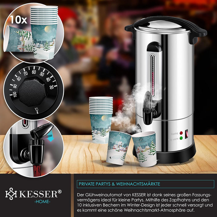 KESSER® Glühweinkessel 10L Edelstahl Inkl. 10x Becher Glühweinkocher mit Thermostat Glühweinautomat