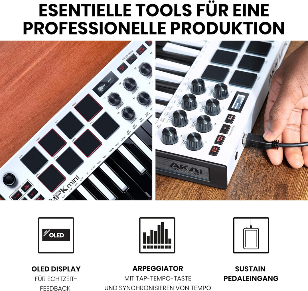 AKAI Professional MPK Mini MK3 – 25-Tasten USB MIDI Keyboard Controller, 8 hintergrundbeleuchtete Dr