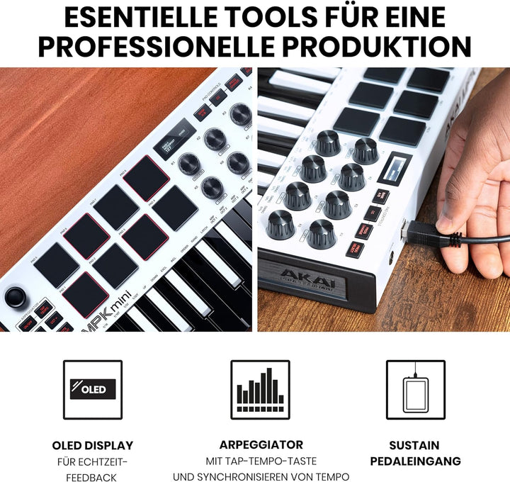 AKAI Professional MPK Mini MK3 – 25-Tasten USB MIDI Keyboard Controller, 8 hintergrundbeleuchtete Dr