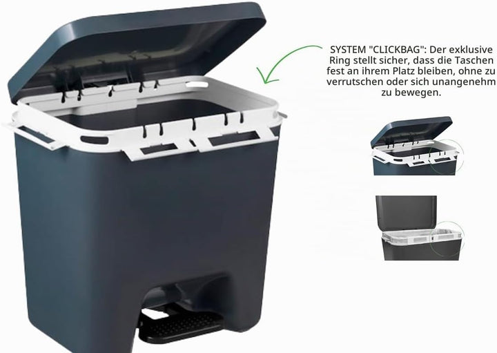 Denox Recycling-Mülleimer mit bis zu 3 Fächern, Fassungsvermögen 45 l, zwei Öffnungsmodi, Anthrazit,