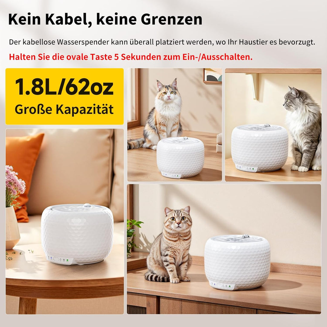 1.8L Kabellose Katzenbrunnen mit 5200mAh Akku, kabelloser Haustierbrunnen mit extrem leiser Pumpe, 2