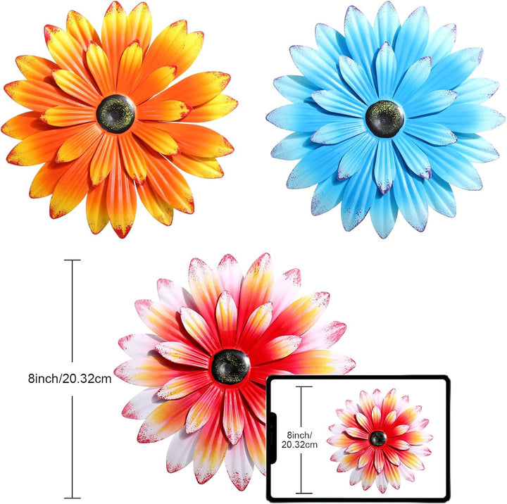 3 Stück Metall-Blumen-Wandkunst, 3D-Metall-Gänseblümchen, Wanddekoration, mehrere Schichten, hängend