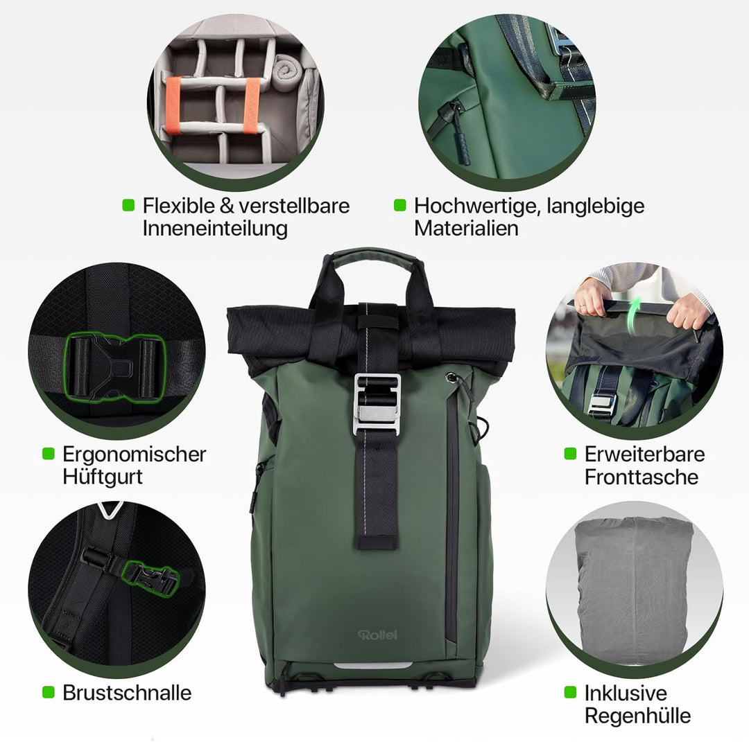 Rollei Fotoliner Ocean Rolltop Kamerarucksack Wasserdicht Fotorucksack Gross Kamera Rucksack mit Lap