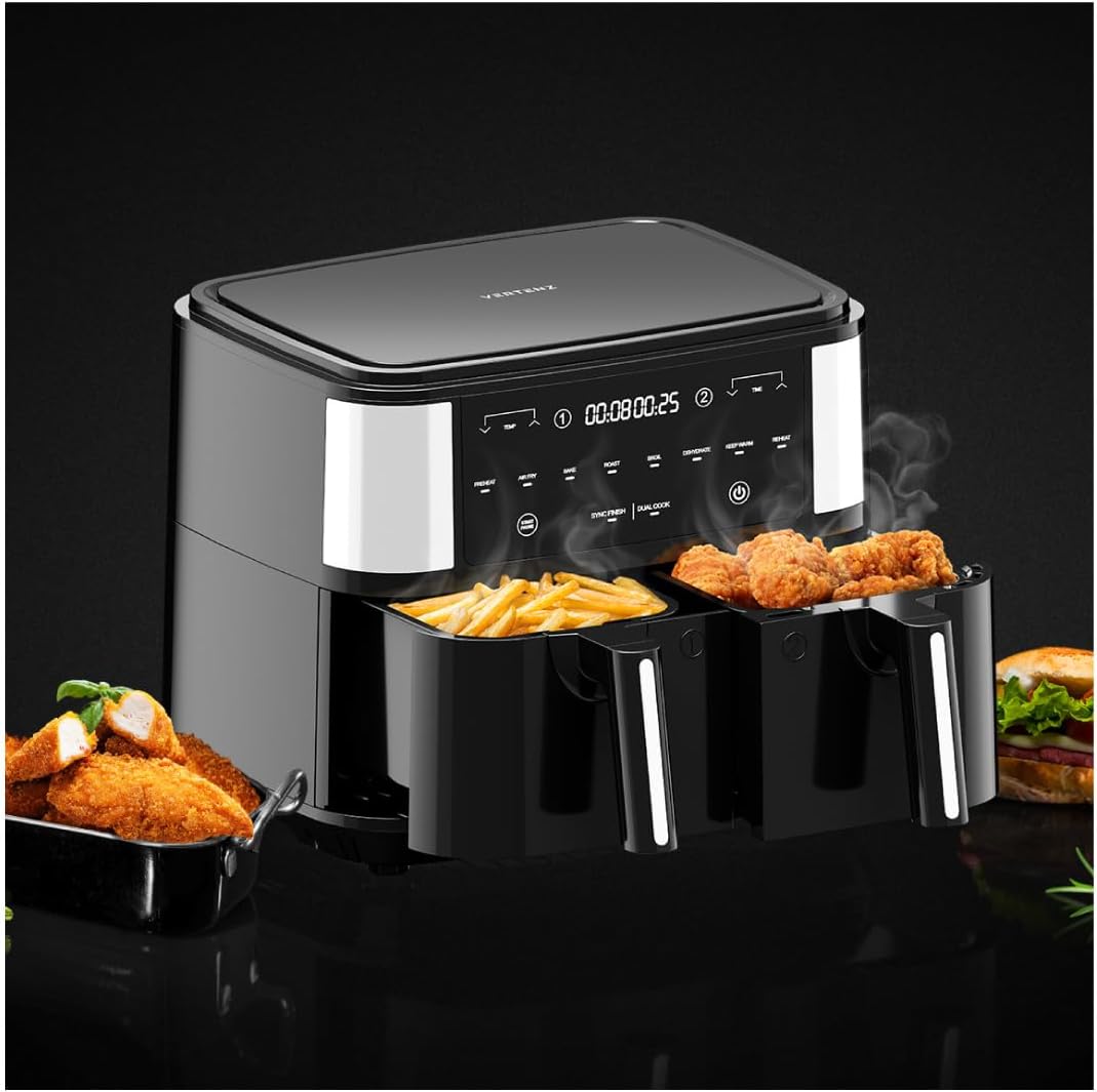 VERTENZ Taste 90 | Heissluftfritteuse Airfryer 9L in Zwei Körben Doppelkammer | 8 Automatische Menüs