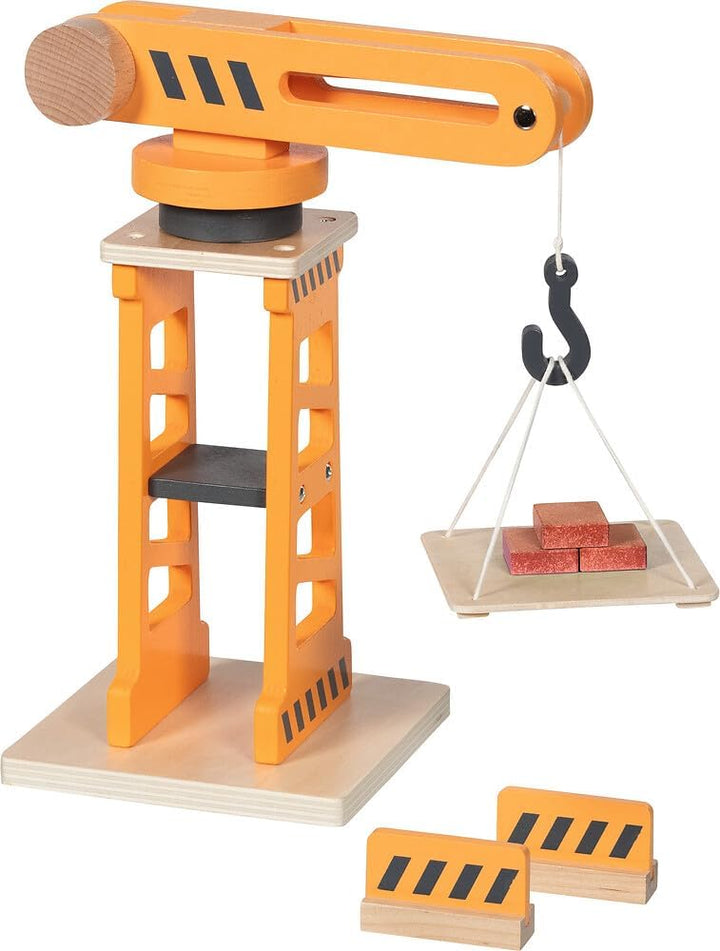 goki 55824 – Drehkran mit Zwei Absperrbarken und Ladeplattform, beweglicher Spielzeug-Baukran aus Ho
