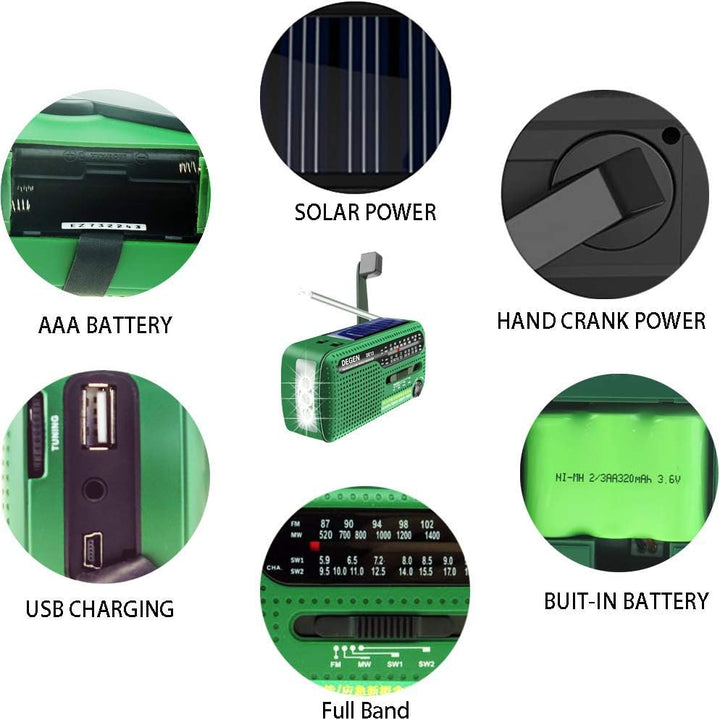 Degen DE13 Cranked Solar FM AM SW Receiver with Flashlight/SOS Alarm/Rechargeable Cell Phone for Eme
