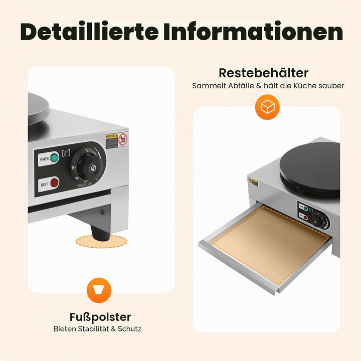 40cm Profi-Crepesmaker 3000W mit ausziehbarer Bratschublade &amp; Antihaftbeschichtung – Edelstahl-Crepe