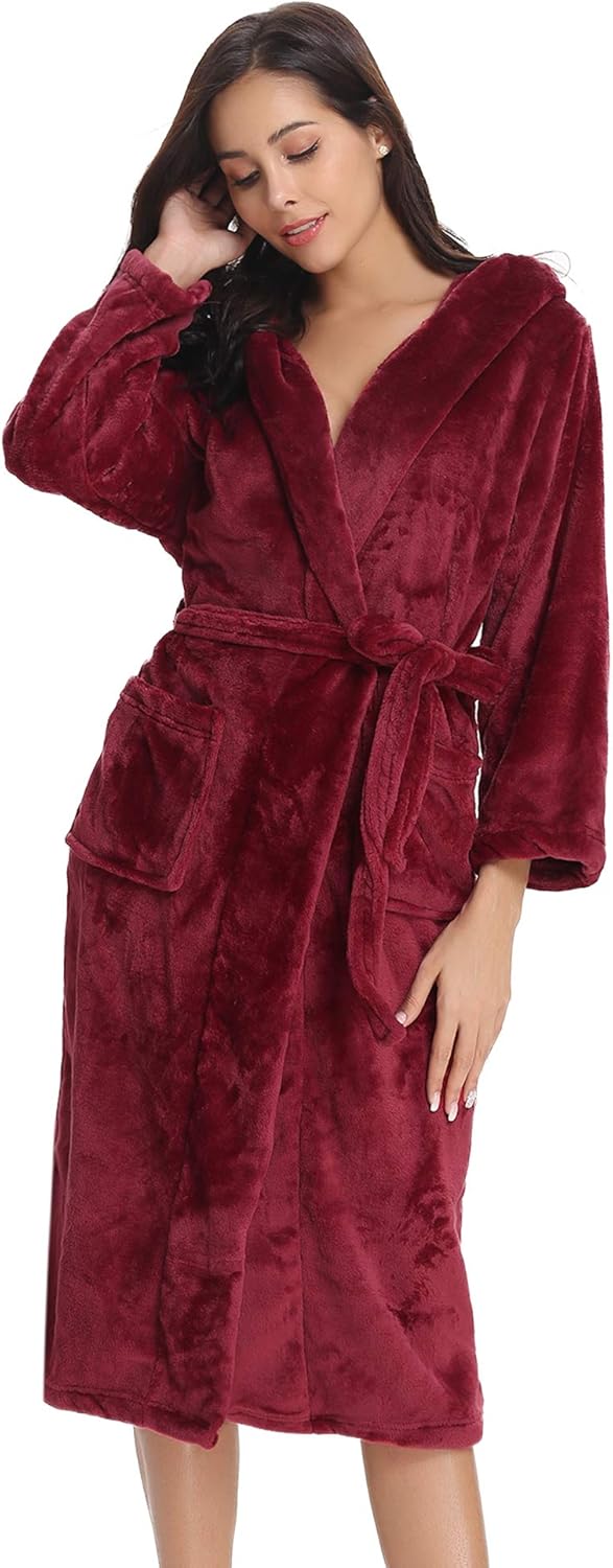 Vlazom Damen Winter Bademantel Flanell mit Kapuze Langärme Morgenmantel Saunamantel Flauschiger Robe