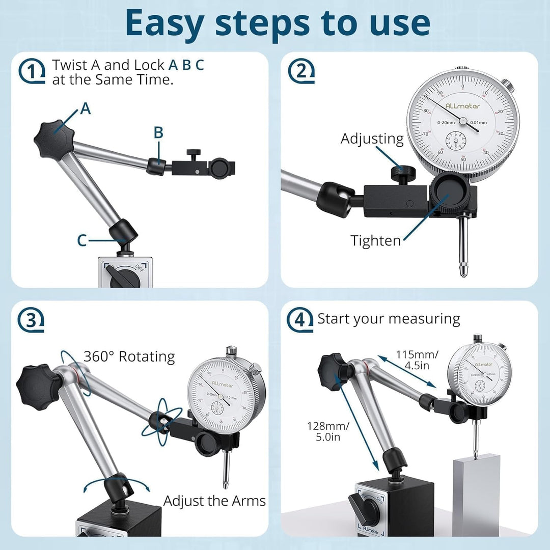 Mechanische Messuhr 0–20 mm Set mit Magnetstativ, Präzisions-Magnetfuss 80 kg, Universal-Messuhrhalt