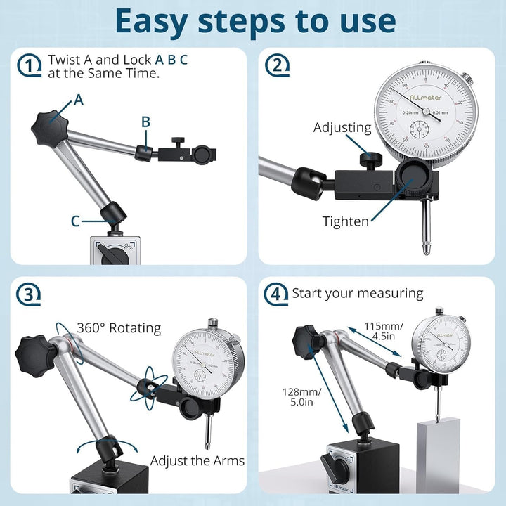 Mechanische Messuhr 0–20 mm Set mit Magnetstativ, Präzisions-Magnetfuss 80 kg, Universal-Messuhrhalt