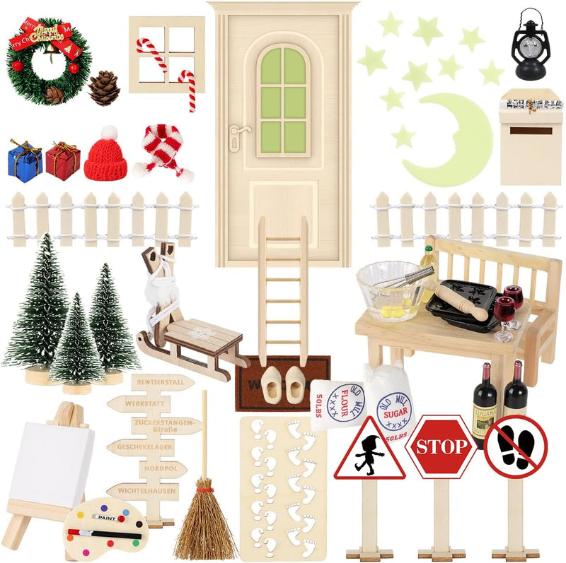 65Pcs Wichteltür mit Briefen, Wichtel Set Weihnachten Im Dunkeln Leuchten Komplettset, Elfentür Zube