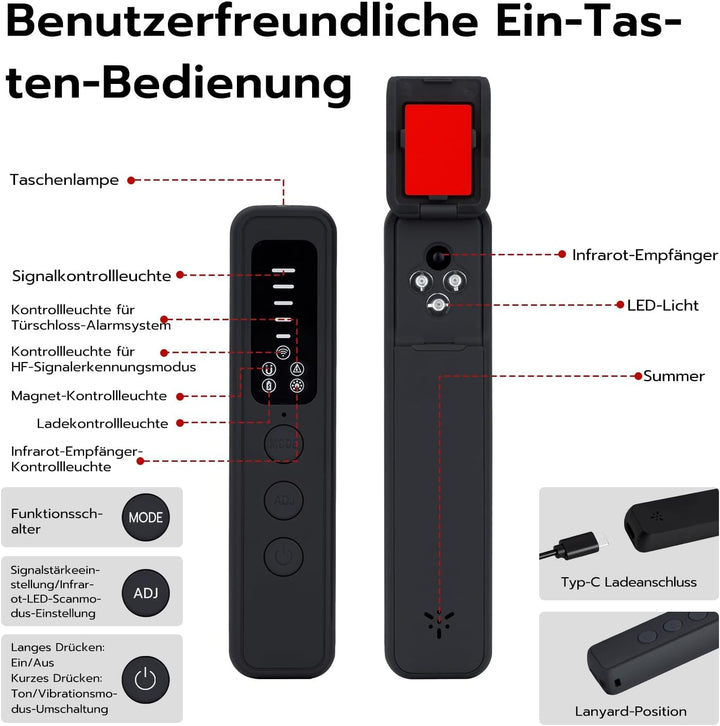 Mcbazel 6-in-1 Wanzen Detektor für Versteckte Kameras,Wanzenfinder RF Signal Scanner, GPS-Tracker-Fi
