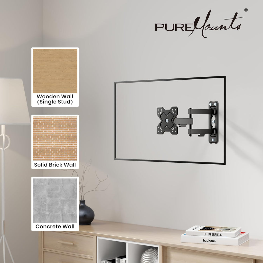 PureMounts TV Monitor Wandhalterung, neigbare und schwenkbare Universal Halterung mit Gelenk-Arm, ma
