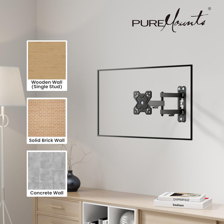 PureMounts TV Monitor Wandhalterung, neigbare und schwenkbare Universal Halterung mit Gelenk-Arm, ma