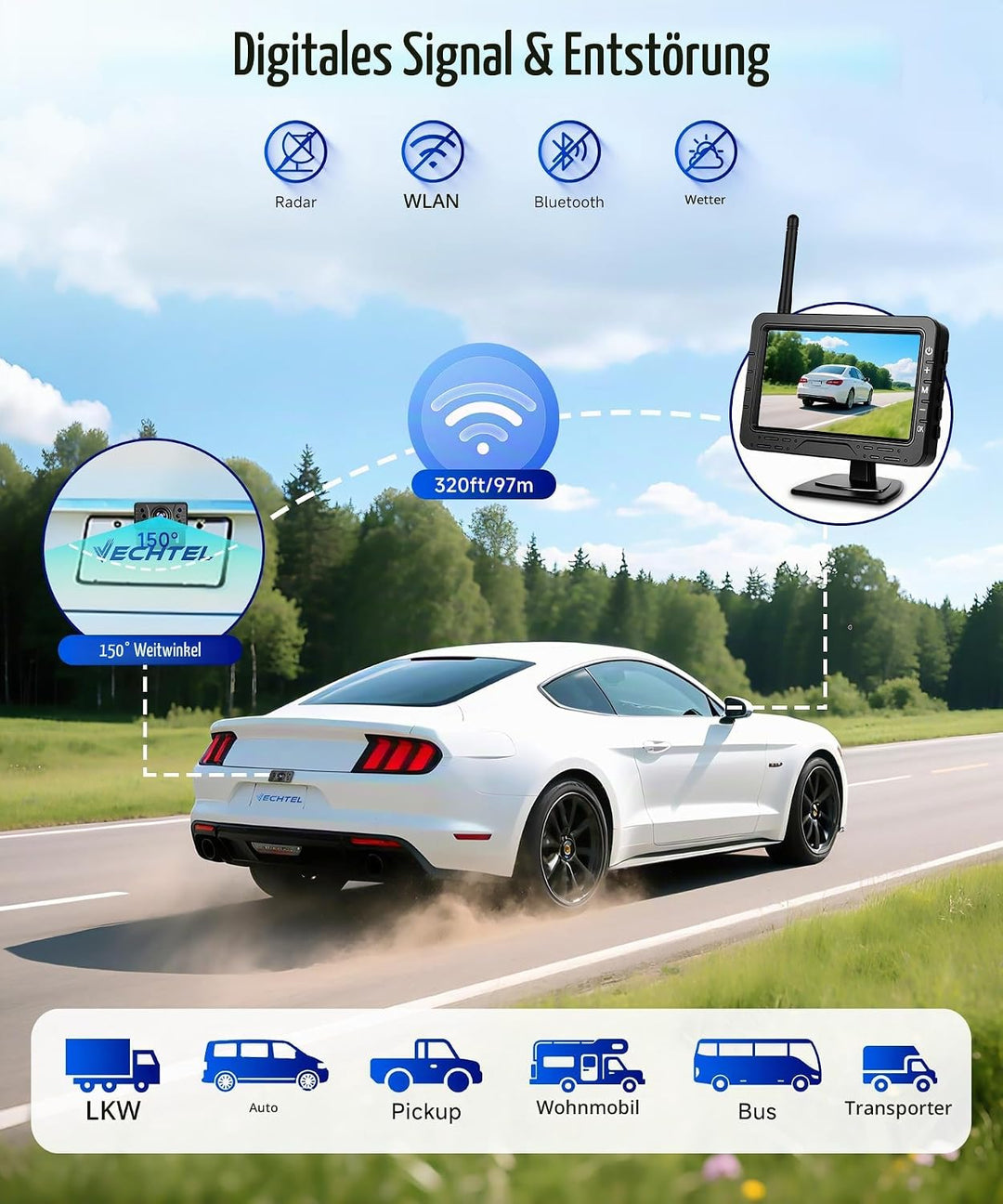 Rückfahrkamera Kabellos mit 4.3-Zoll-HD-IPS-Bildschirm, IP68 Nachtsicht Digital Rückfahrkamera Funk
