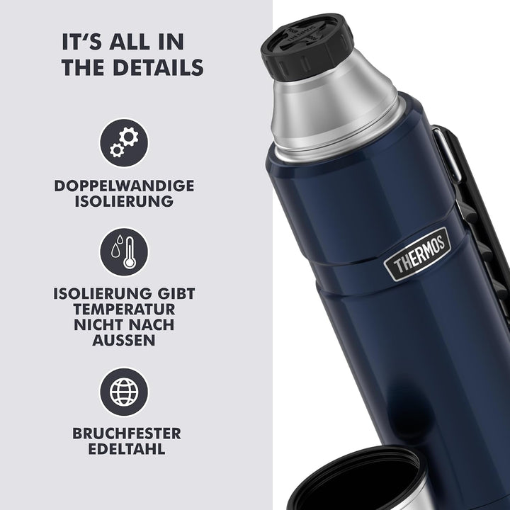Thermos Stainless King Thermosflasche blau 1,20l - Edelstahl, absolut dicht, mit Trinkbecher und Gri